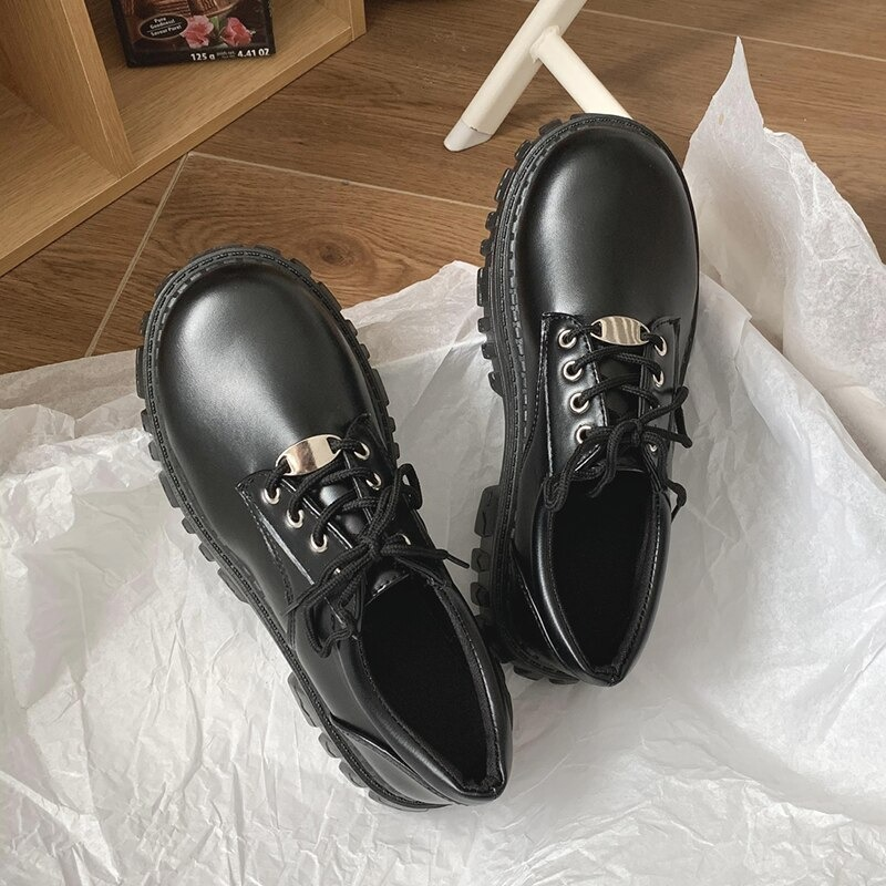 Classic Black Platform Oxford Boots / PU Leather Shoes with Square Heels and Round Toe - HARD'N'HEAVY