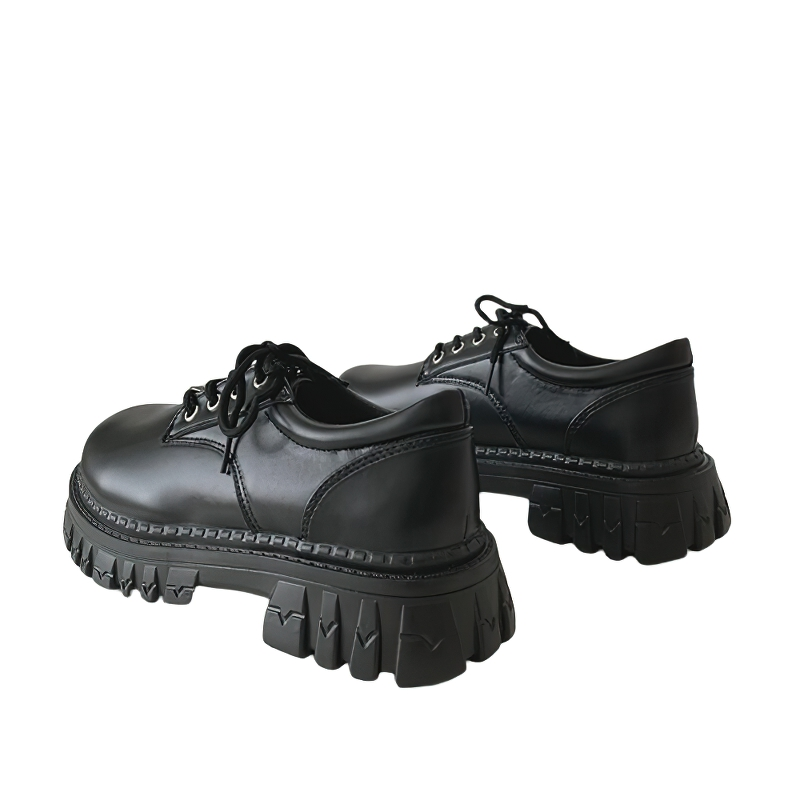 Classic Black Platform Oxford Boots / PU Leather Shoes with Square Heels and Round Toe - HARD'N'HEAVY