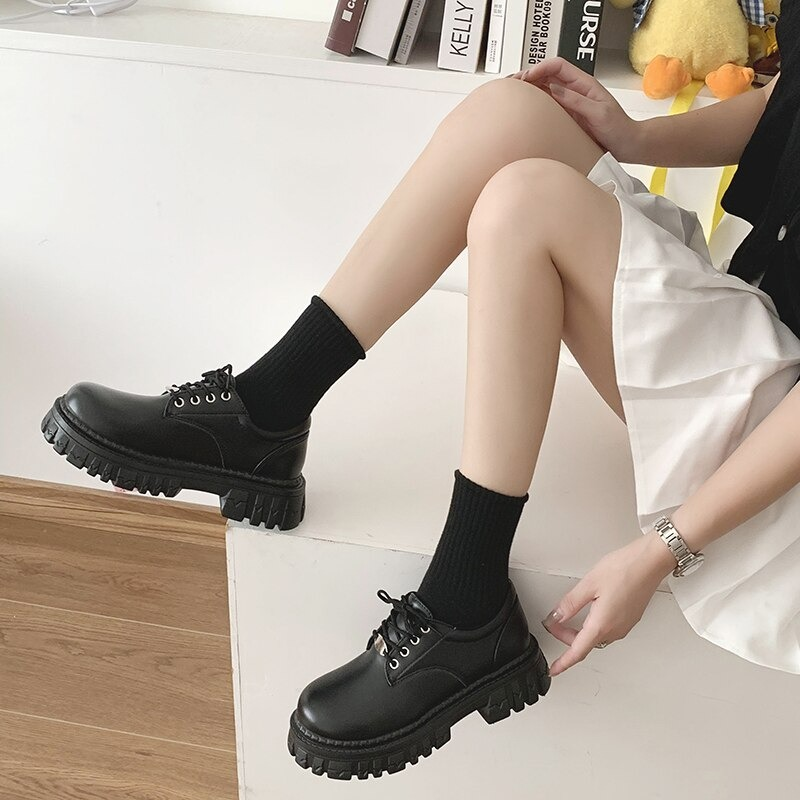 Classic Black Platform Oxford Boots / PU Leather Shoes with Square Heels and Round Toe - HARD'N'HEAVY