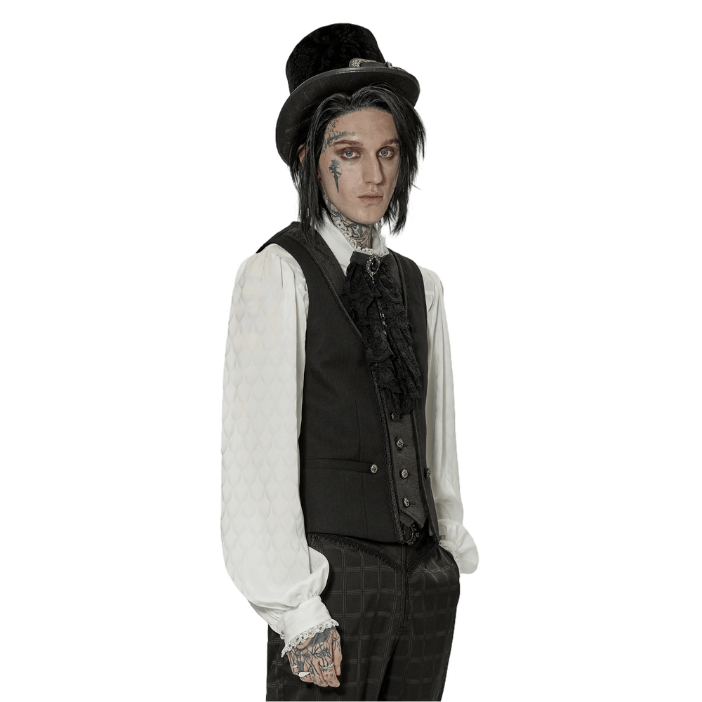 Stylish male model in Gothic black vest with lace and top hat, showcasing dark, elegant fashion.