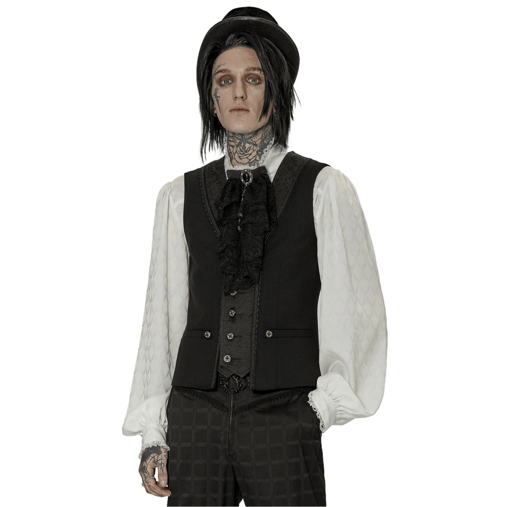 Gothic men’s black vest with lace trim, paired with a ruffled shirt and styled with tattoos and a top hat.