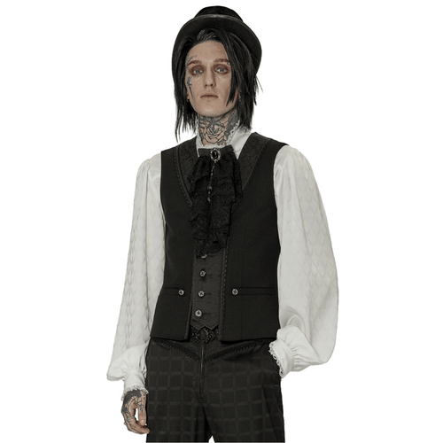Chaleco negro con cuello en V y ribete de encaje gótico clásico para hombre