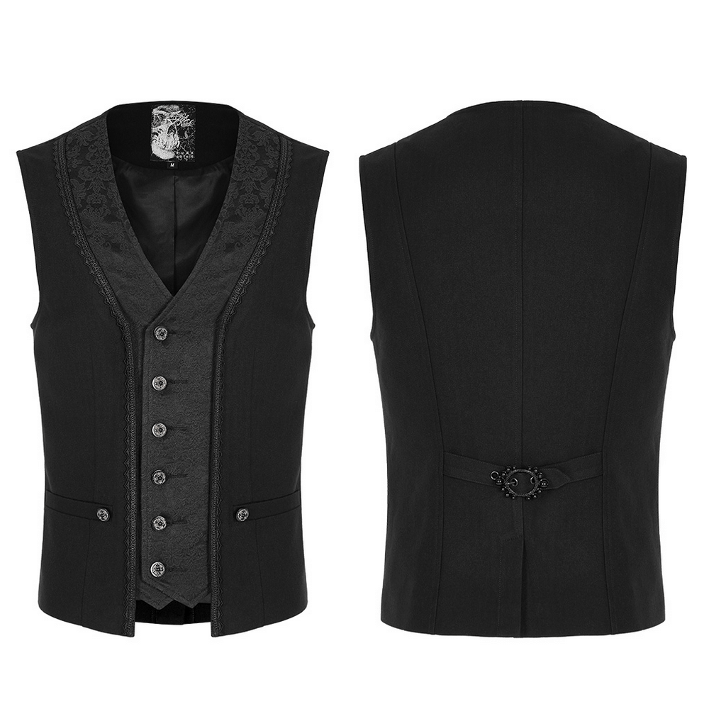 Classic Gothic black vest with lace trim, V-neck, hand-sewn buttons, and elegant patchwork for men.
