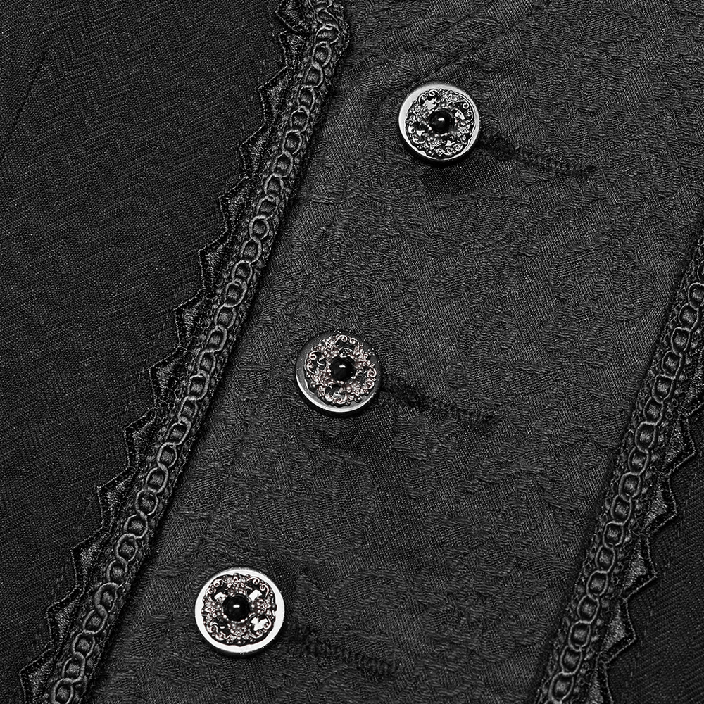 Close-up of the intricate lace trim and shimmering buttons on a Gothic black vest for men.