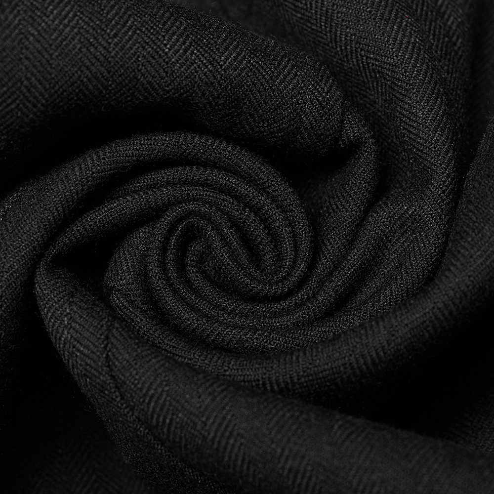 Close-up of luxurious black fabric showcasing fine herringbone texture, perfect for Gothic fashion.