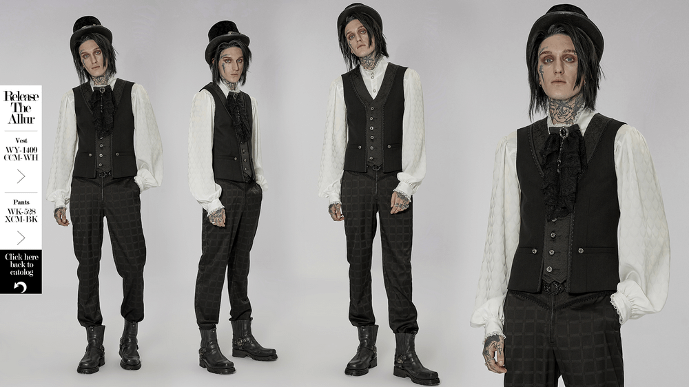 Gothic style model showcasing a classic lace-trimmed black vest with intricate buttons and tailored pants.