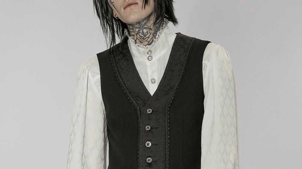 Classic Gothic black vest with lace trim and intricate buttons, worn over a white shirt, capturing dark elegance.