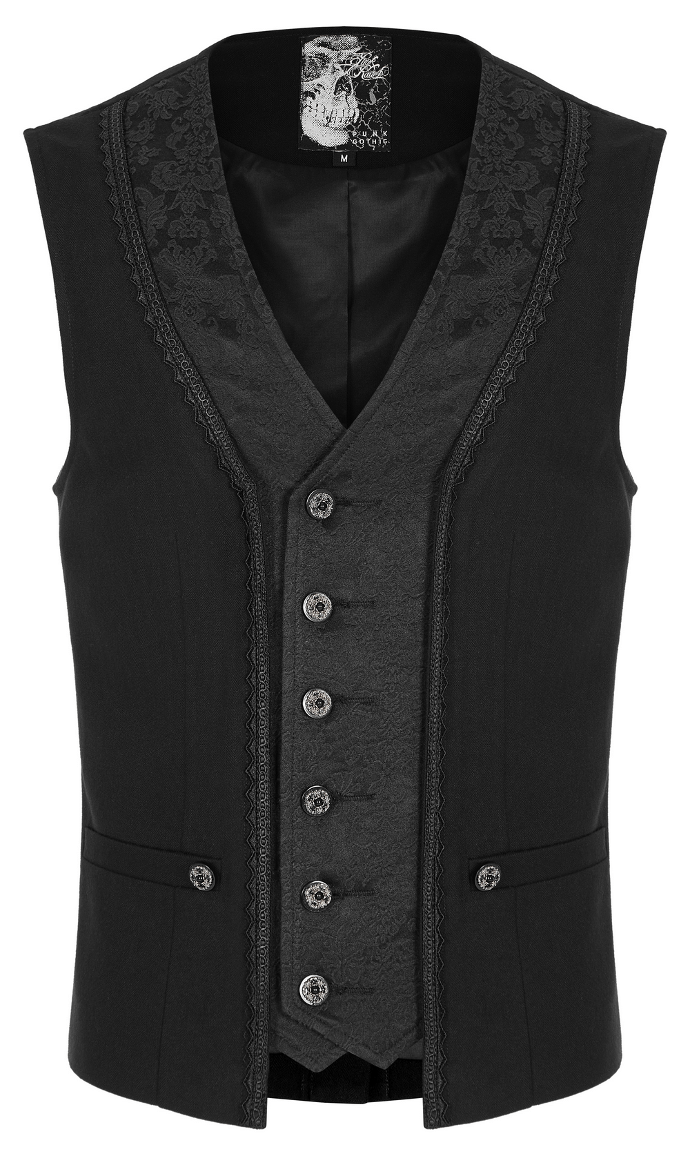 Classic Gothic black vest for men with lace trim and decorative buttons, perfect for dark fashion enthusiasts.