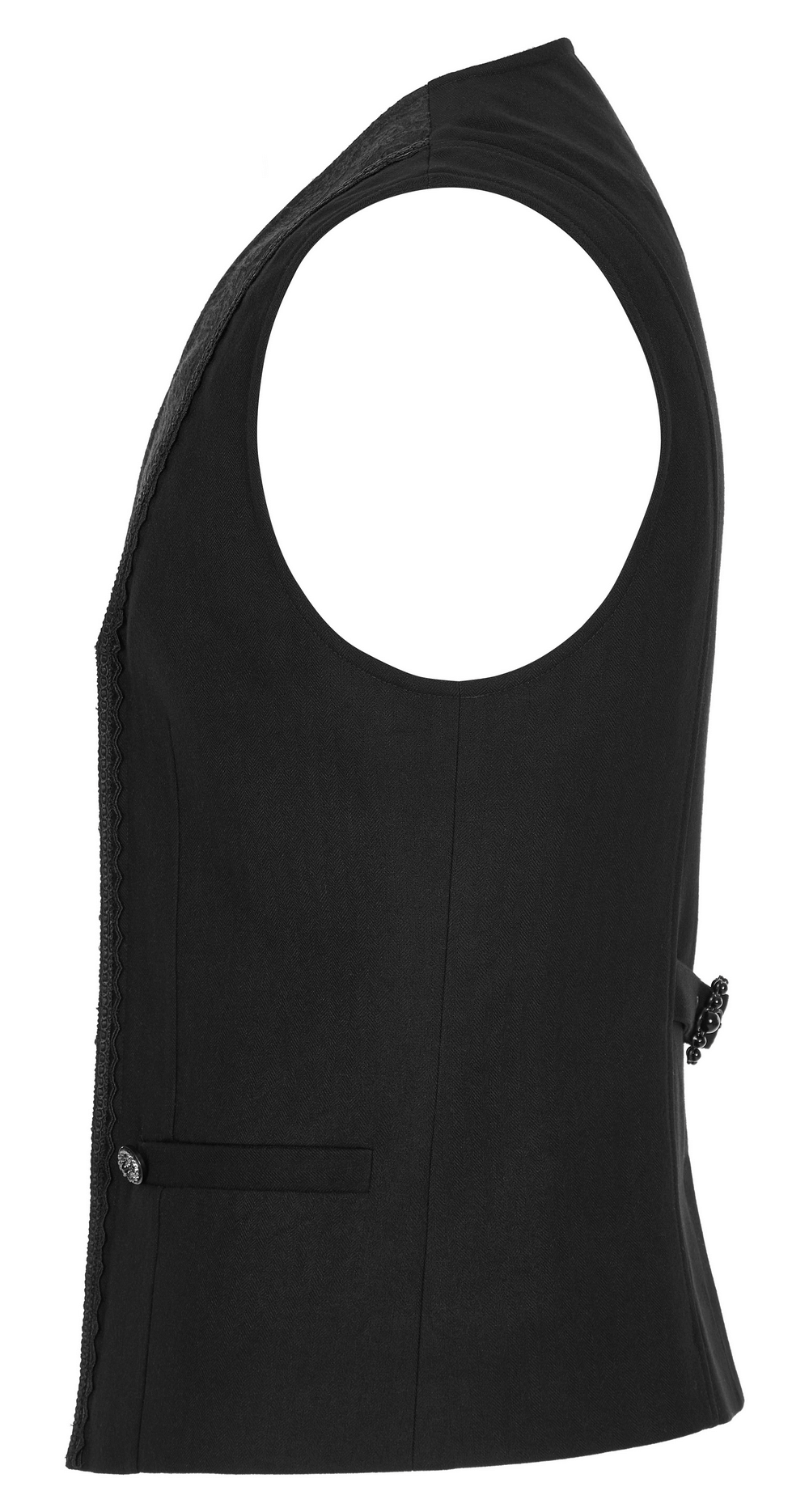 Side view of a Classic Gothic Black Vest featuring lace trim and unique hand-sewn buttons for men.