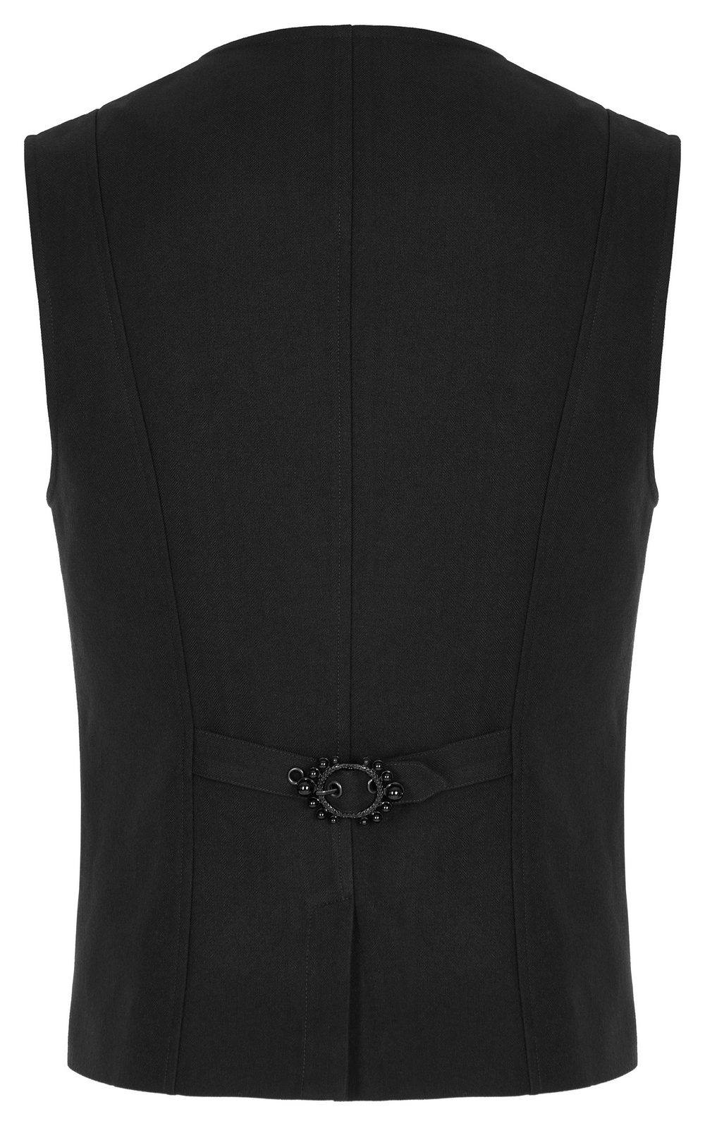 Back view of a classic black Gothic vest with intricate lace trim and 3D carved buttons, showcasing sophisticated design.
