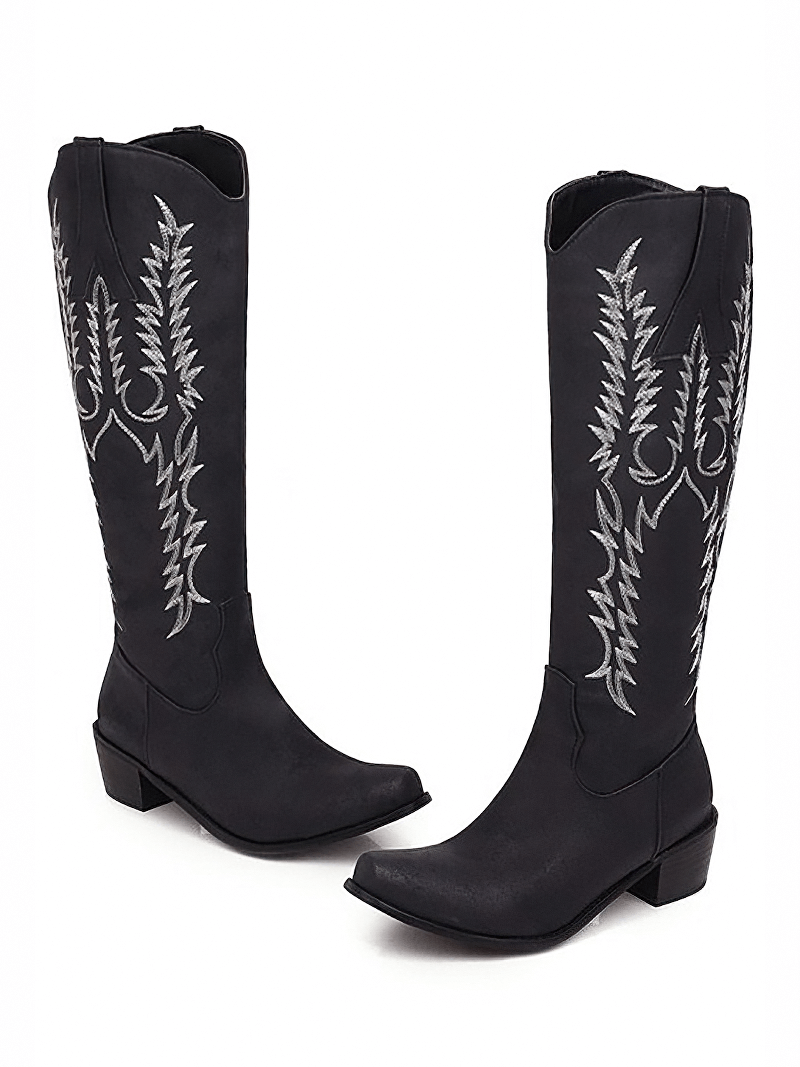 Classic knee-high cowboy boots with mid heels and silver embroidery, perfect for trendy outfits.