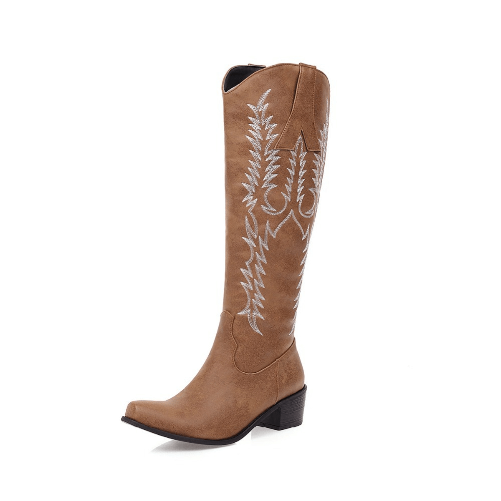 Classic knee-high cowboy boots with mid heels and elegant embroidery in rich brown color.