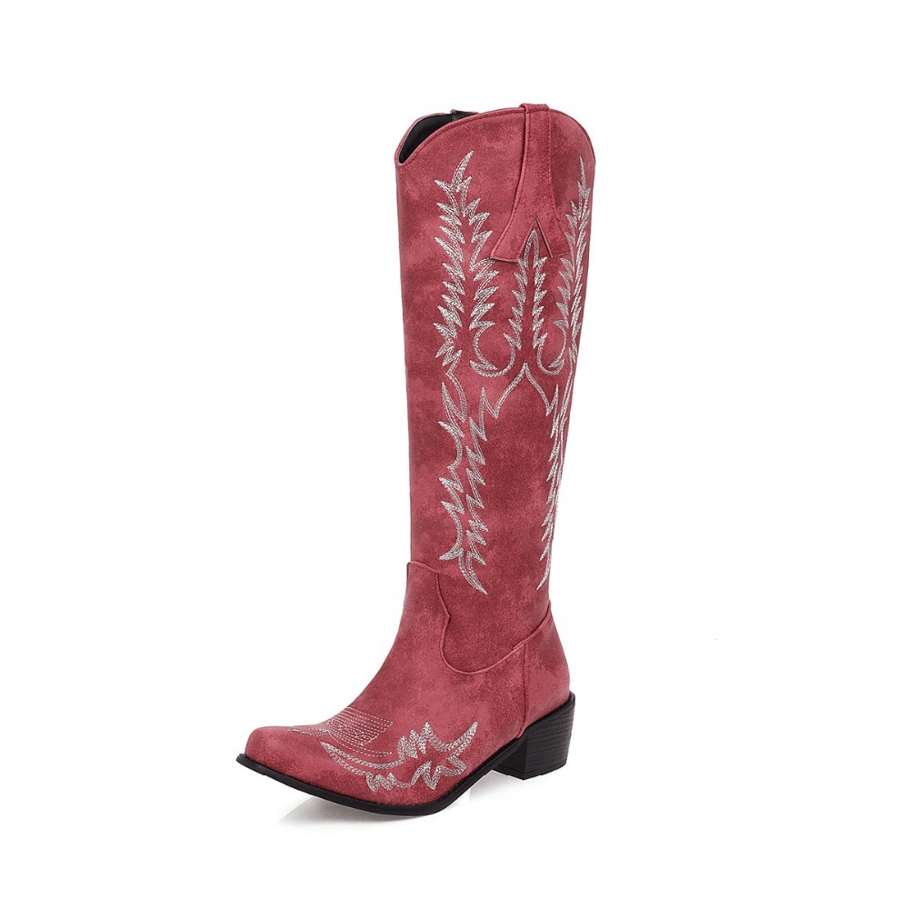Pink cowboy style knee-high boots with mid heels and embroidery, perfect for retro outfits and trendy footwear.