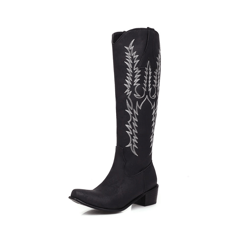 Classic knee-high black cowboy boots with mid heels and stylish silver embroidery, perfect for trendy outfits.