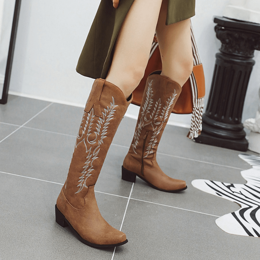 Classic Knee-High Boots With Mid Heels / Cowboy Style Women's Embroidered Shoes In Three Colors - HARD'N'HEAVY