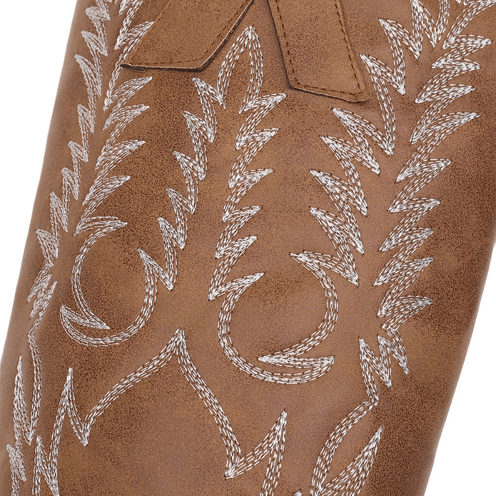 Close-up of embroidered design on classic knee-high brown boots, showcasing detailed stitching patterns.