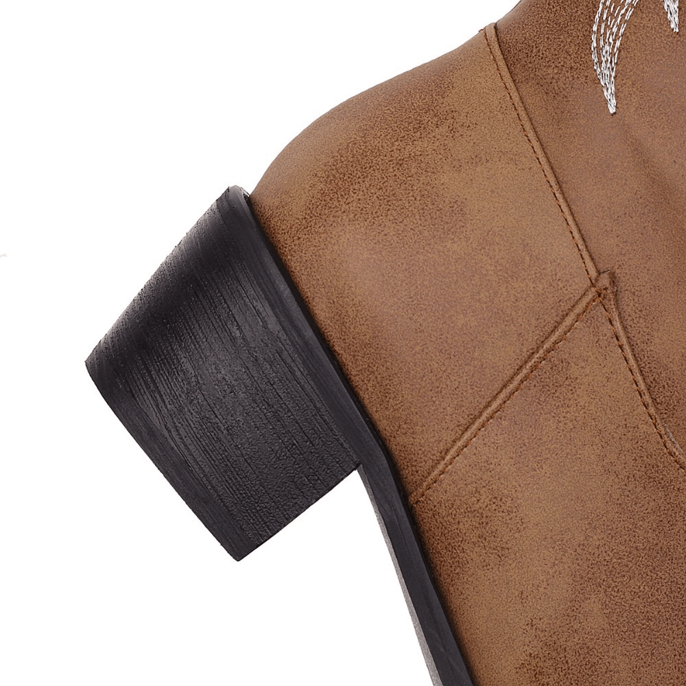 Close-up of classic knee-high boot mid heel in brown PU leather with stylish embroidery, perfect for retro and trendy outfits.