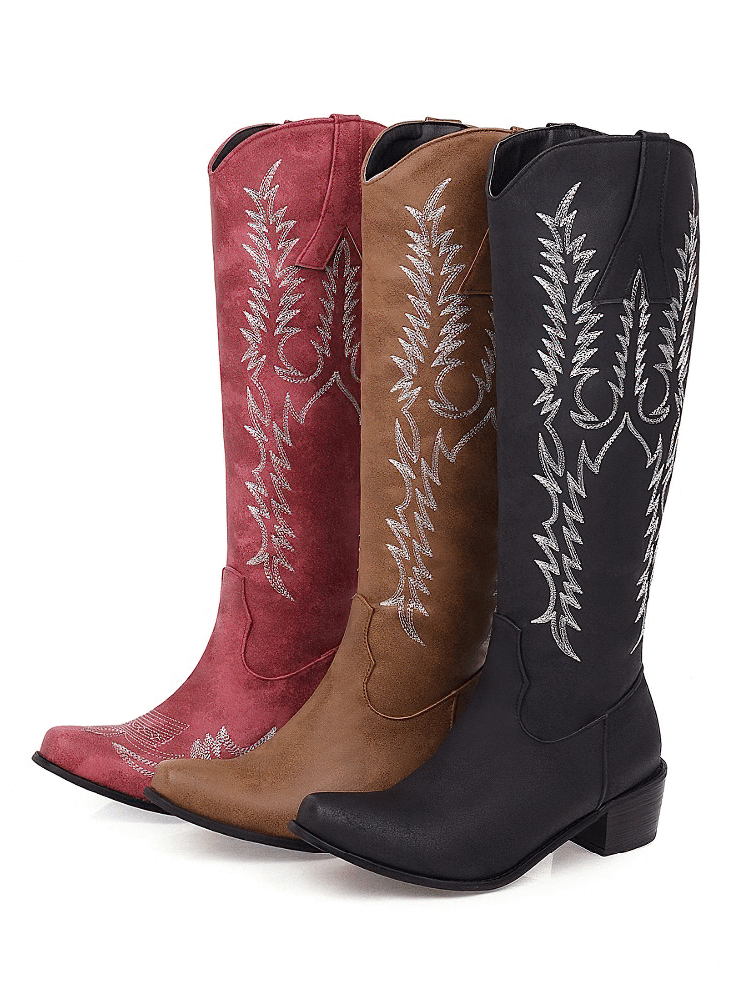 Classic knee-high cowboy boots in red, brown, and black with stylish embroidery and mid heels, perfect for trendy outfits.
