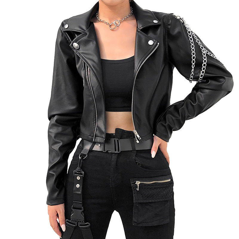Classic women's black faux leather motorcycle jacket with chains, zippers, and turn-down collar, perfect for edgy styles.