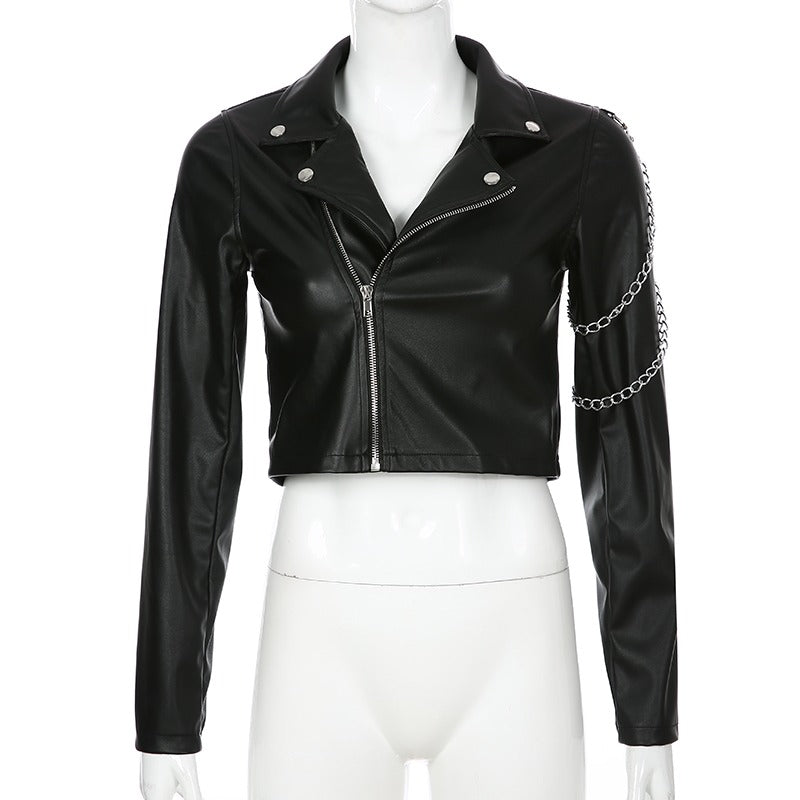 Black short faux leather motorcycle jacket for women with chains and stylish turn-down collar.