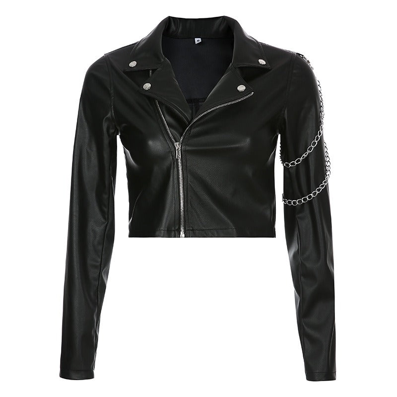 Classic black faux leather biker jacket for women with chains and zipper, perfect for bold styles.