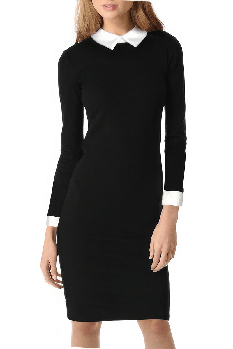 Classic Women's Black Dress with White Collar and Сuffs