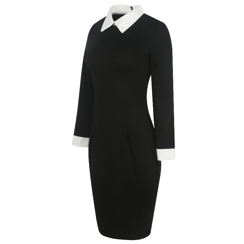 Classic Women's Black Dress with White Collar and Сuffs / Elegant Slim Above Knee Vestidos - HARD'N'HEAVY