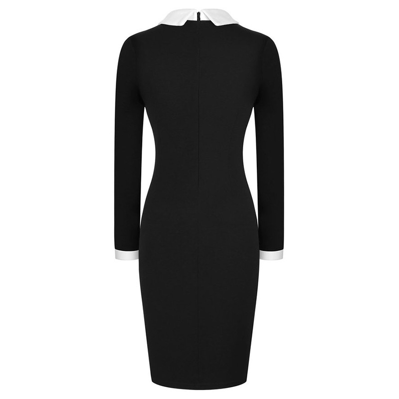 knee length black dress with white collar V-NECK FLARED CUFF KNEE LENGTH DRESS IN BLACK AND BEIGE | CULT MIA