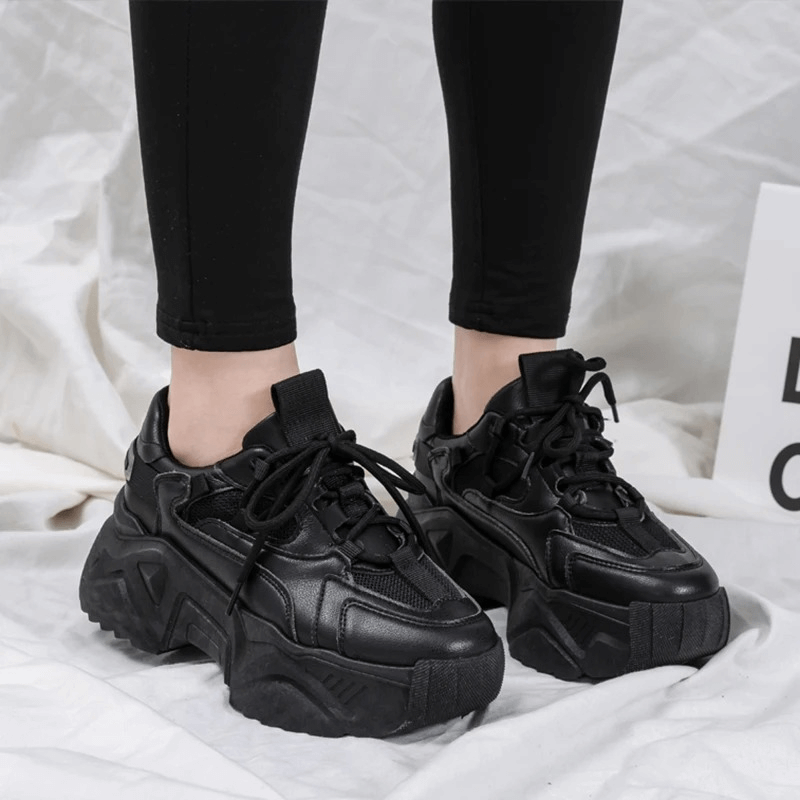 CLEARANCE of Black Women Lace-Up Sneakers / Thick Bottom Platform Shoes with Round Toe - EU