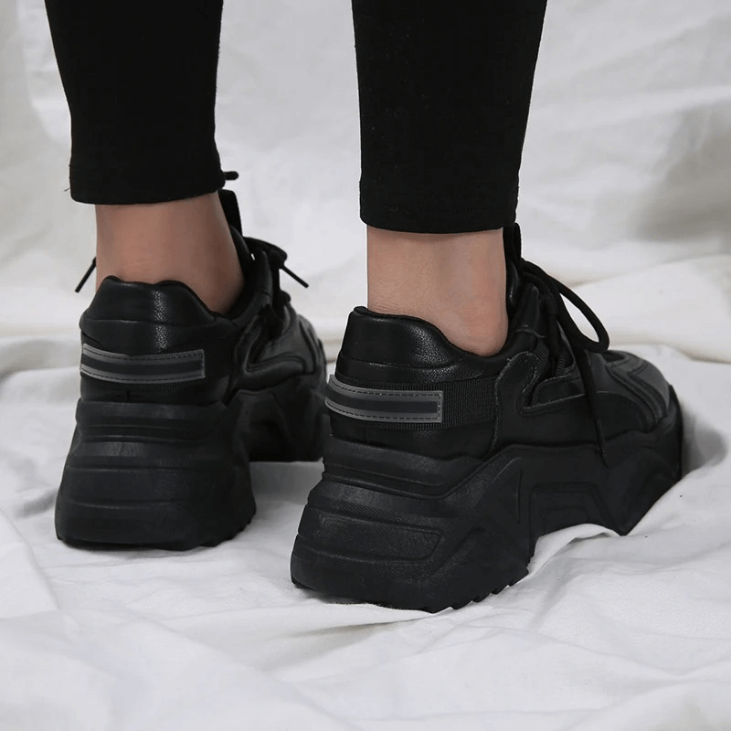 CLEARANCE of Black Women Lace-Up Sneakers / Thick Bottom Platform Shoes with Round Toe - EU