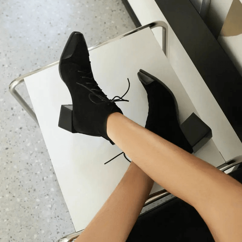 CLEARANCE of Chic Black Suede Lace-up Ankle Boots - EU