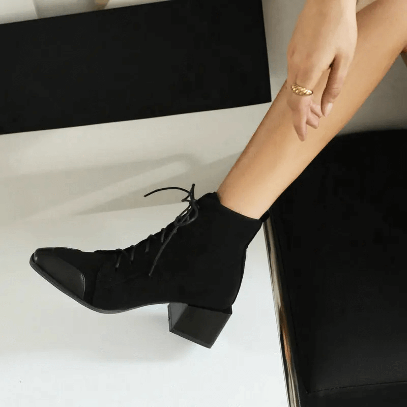 CLEARANCE of Chic Black Suede Lace-up Ankle Boots - EU