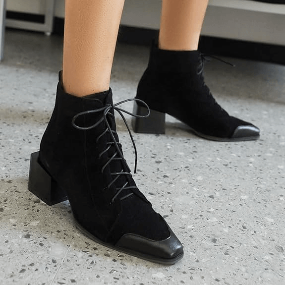 CLEARANCE of Chic Black Suede Lace-up Ankle Boots - EU