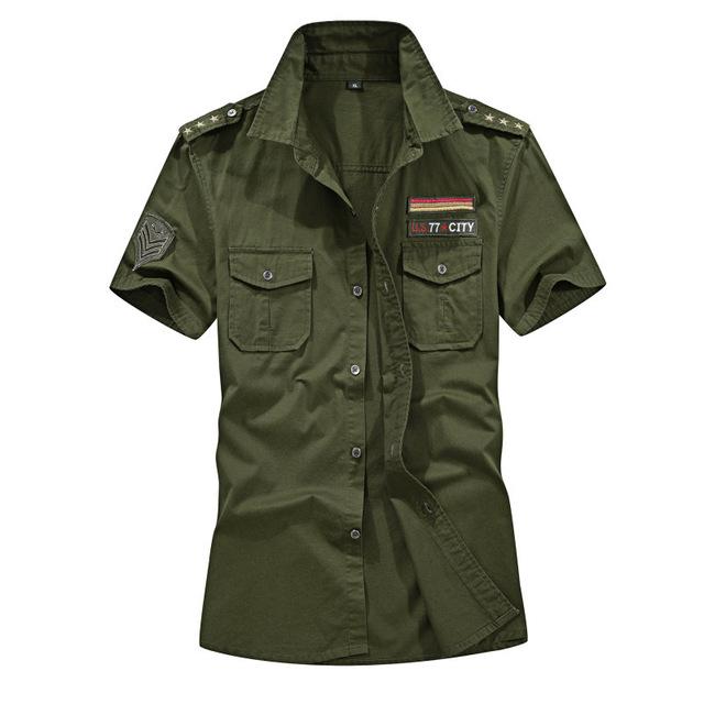 Military cotton shirt in olive green, short sleeves with pockets, perfect for alternative fashion.
