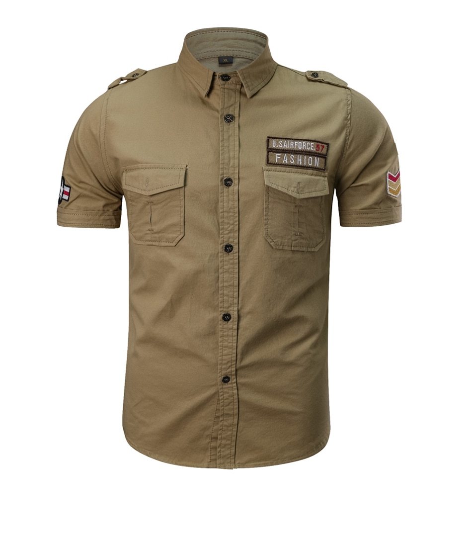 Tan military button-up shirt with short sleeves, pockets, and badges for a stylish casual look.