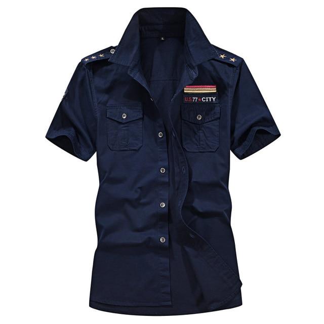 Navy military button-up shirt with short sleeves and pockets, stylish alternative fashion for men.