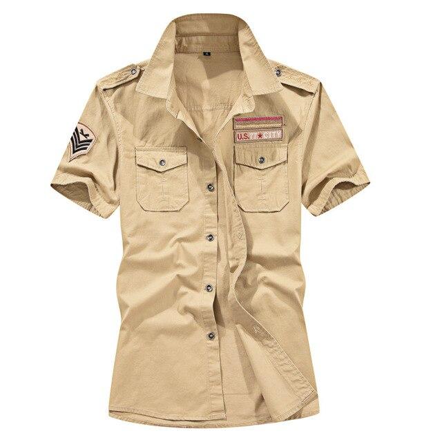 Military short sleeve shirt in beige with pockets and patches for men's alternative fashion.