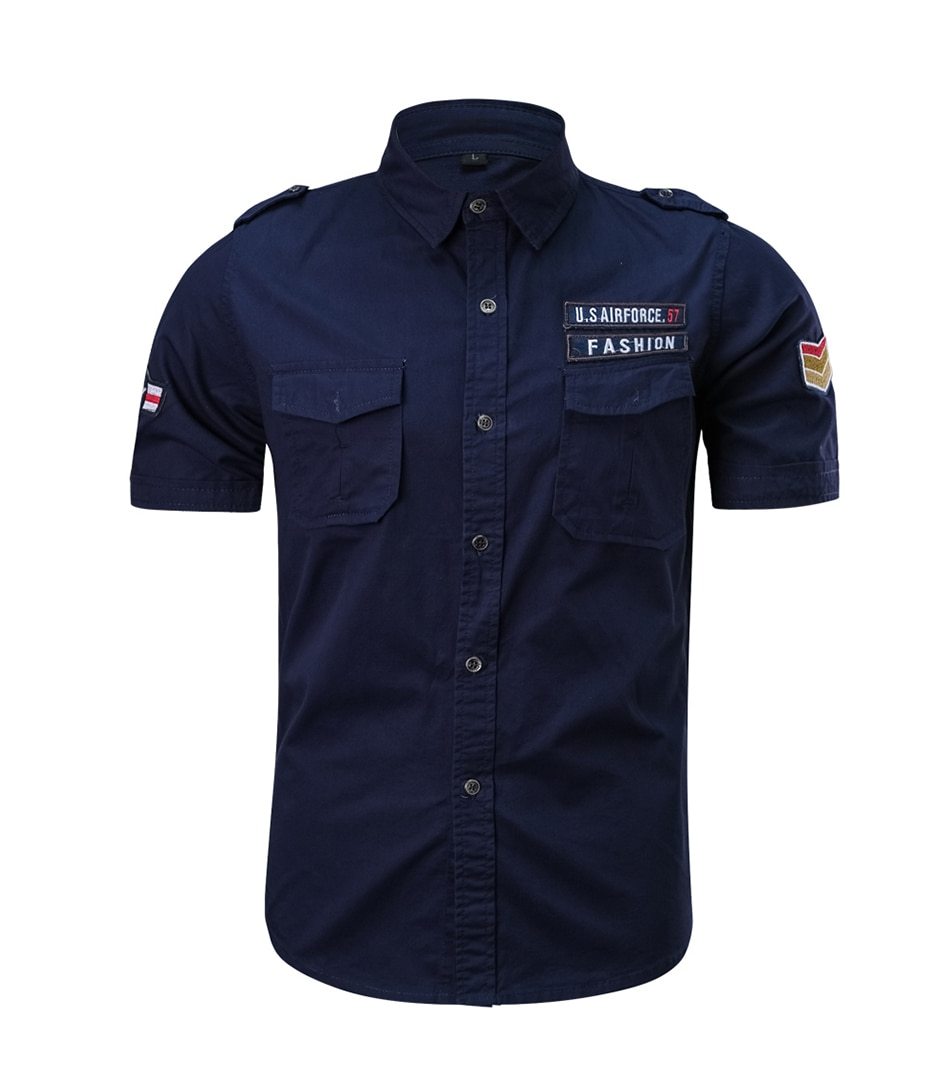 Navy blue military button-up shirt with short sleeves, pockets, and patches for alternative fashion.