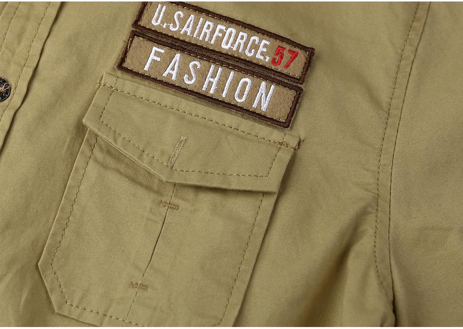 Close-up of military cotton shirt features, showing U.S. Airforce patches and pocket details, perfect for casual fashion.