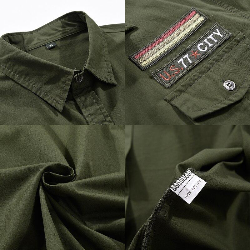 Military button-up shirt with patches, turn-down collar, and cotton fabric in olive green for men.