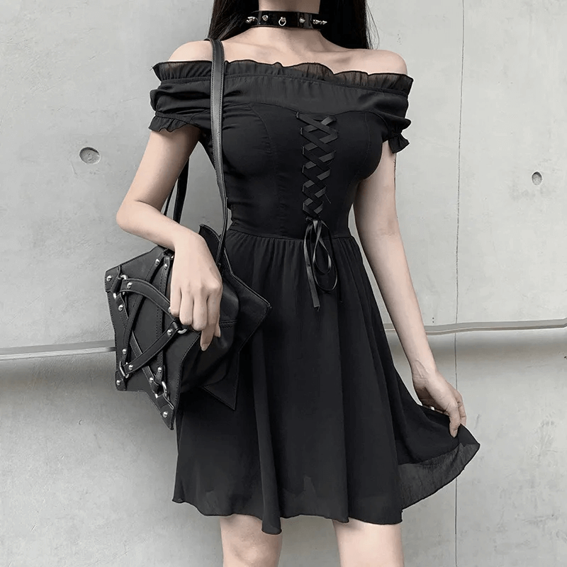 CLEARANCE of Off-Shoulder Black Lace-Up Corset Dress - EU