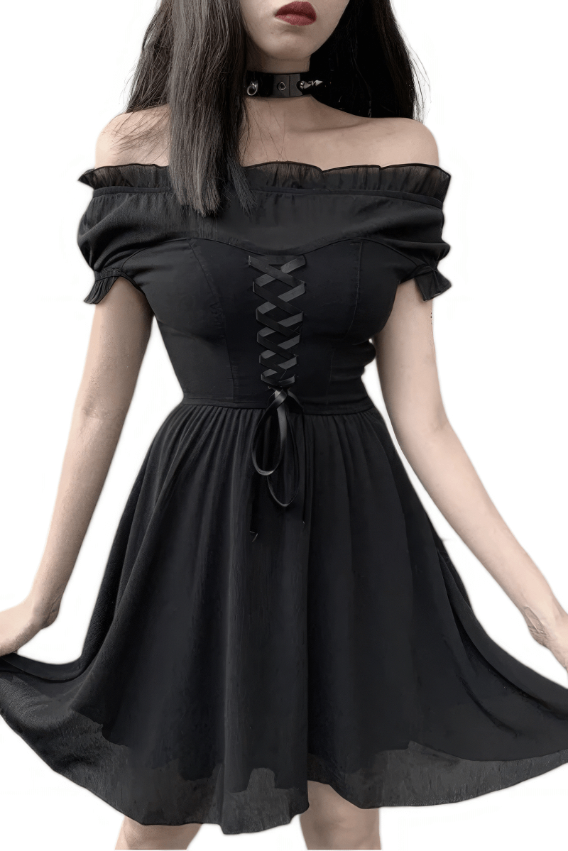 CLEARANCE of Off-Shoulder Black Lace-Up Corset Dress - EU