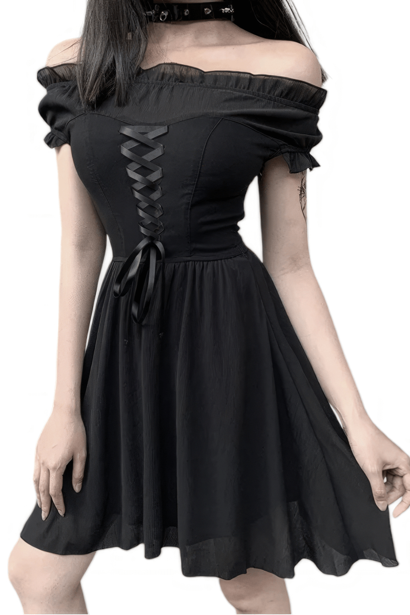 CLEARANCE of Off-Shoulder Black Lace-Up Corset Dress - EU