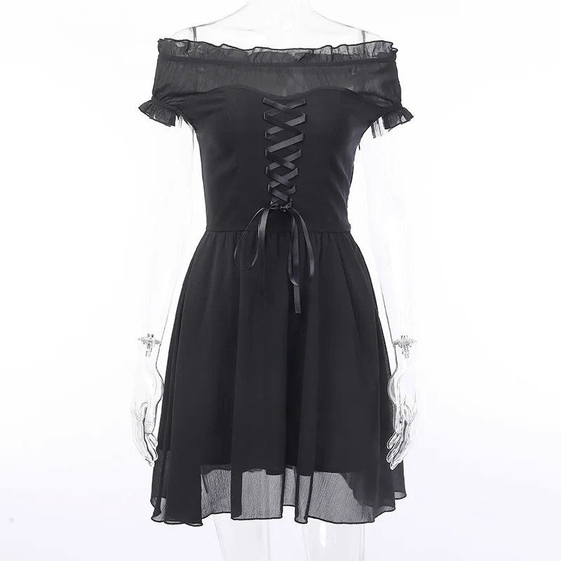 CLEARANCE of Off-Shoulder Black Lace-Up Corset Dress - EU