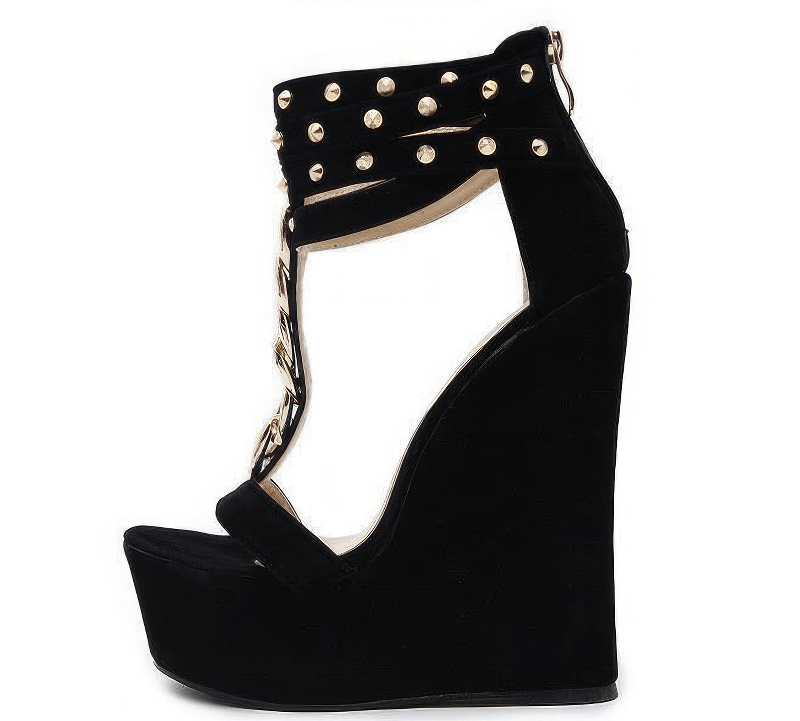 CLEARANCE of Studded Chain Accent Black Wedge Sandals - EU