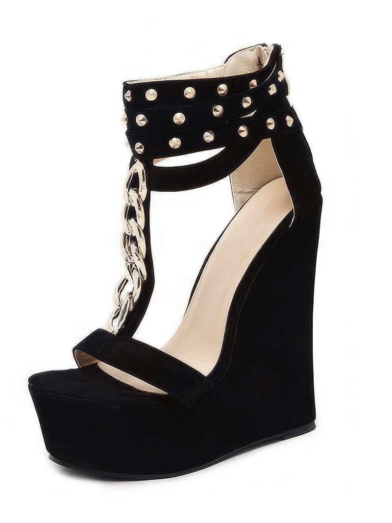 CLEARANCE of Studded Chain Accent Black Wedge Sandals - EU