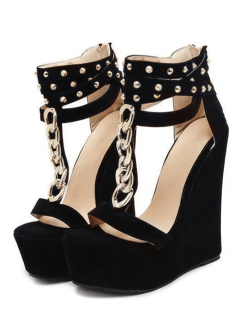 CLEARANCE of Studded Chain Accent Black Wedge Sandals - EU