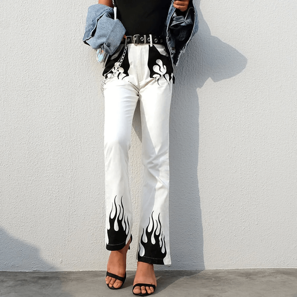 CLEARANCE of White Flare Jeans with Black Flame Detail - EU