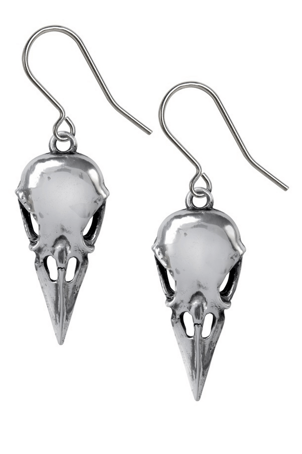 Gothic Coeur Crane Skull Earrings with elongated beak design, crafted in shining pewter.