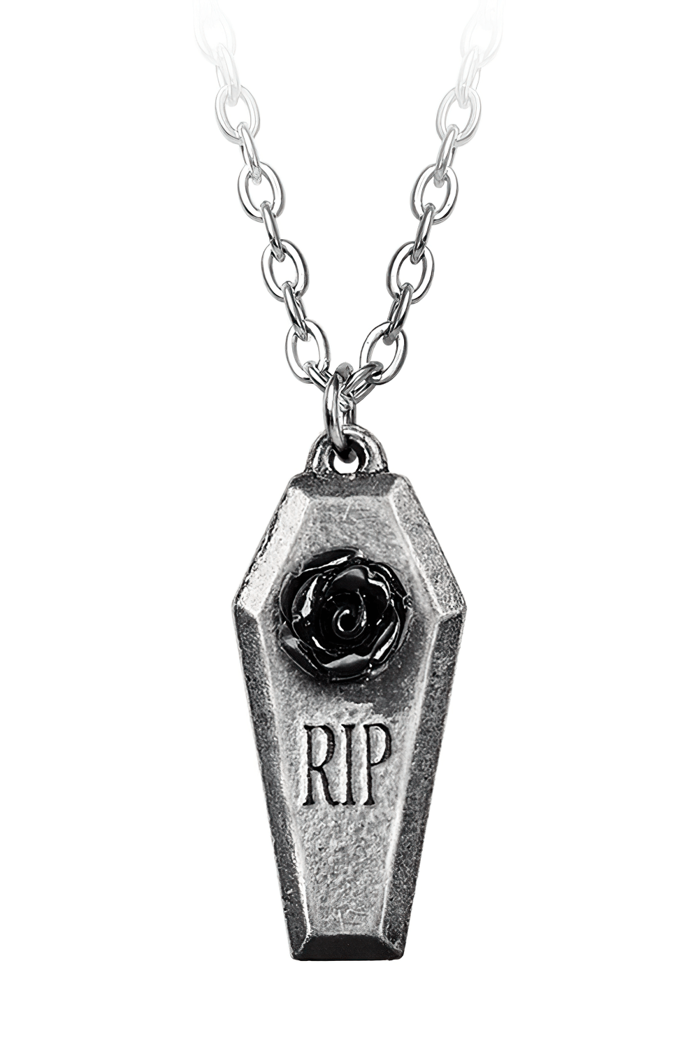 RIP coffin pendant necklace featuring a black rose, perfect for gothic and dark romance styles.